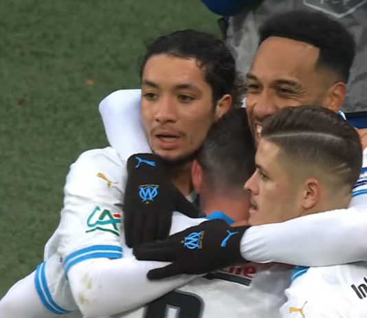 Thionville-OM (0-1) : le résumé vidéo avec le but d’Aubameyang Aubameyang célèbre son but lors de Thionville-OM (capture écran Youtube)