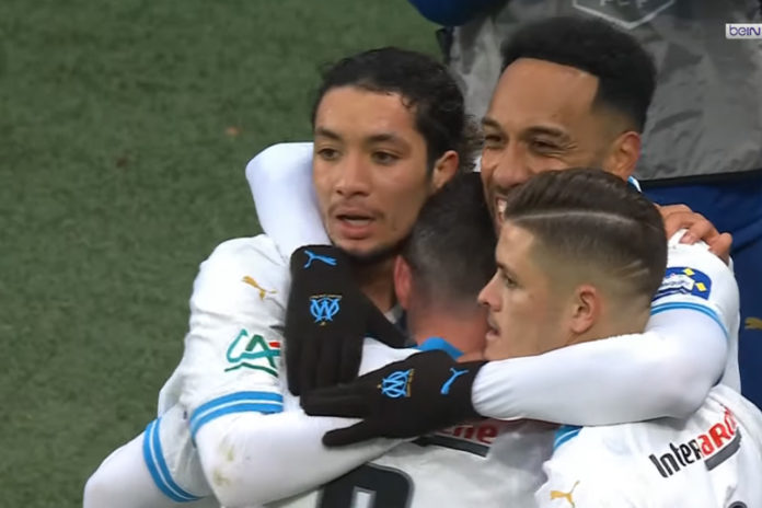 Aubameyang célèbre son but lors de Thionville-OM (capture écran Youtube)