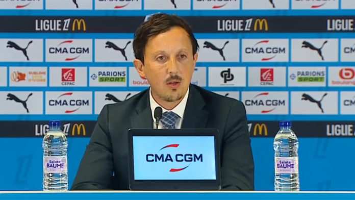 Pablo Longoria, le président de l'OM, lors de la présentation de Roberto De Zerbi