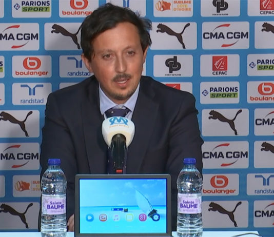 Le président de l'OM Pablo Longoria en conférence de presse