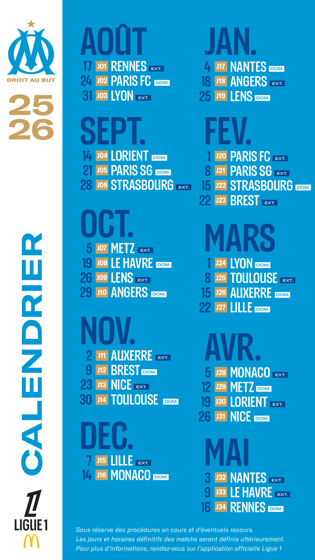 Le calendrier de l'OM en Ligue 1 pour la saison 2025/2026